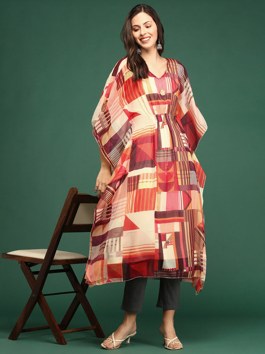 Women's V-Neck Abstract Multi Kaftan Kurta