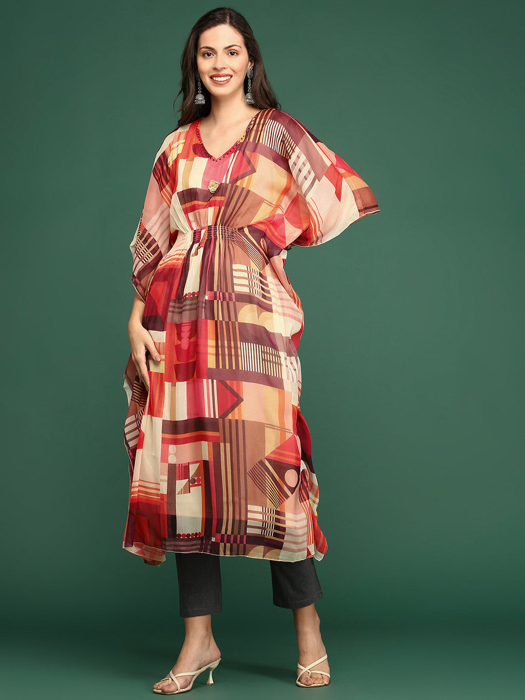 Women's V-Neck Abstract Multi Kaftan Kurta