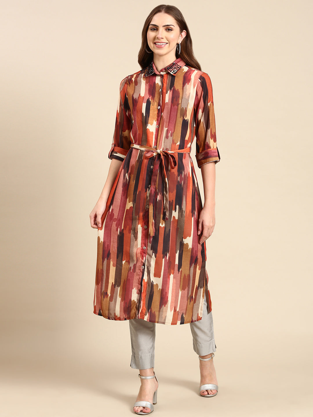 Women's Multi Shirt Collar Abstract Printed Bead Work Straight Kurta