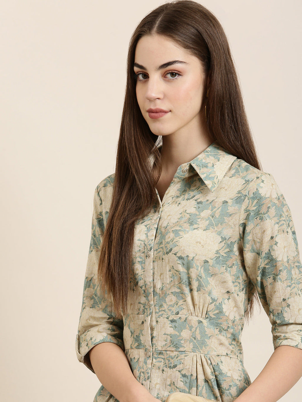 Women's Beige Floral Printed Shirt Collar A-Line Kurta