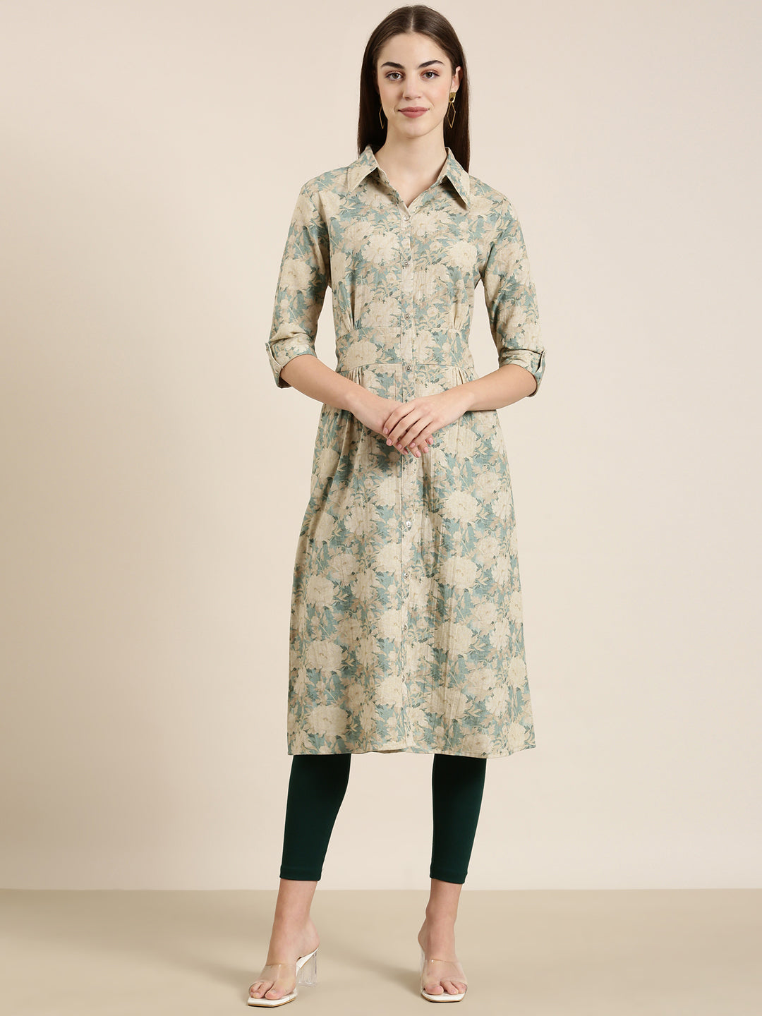 Women's Beige Floral Printed Shirt Collar A-Line Kurta