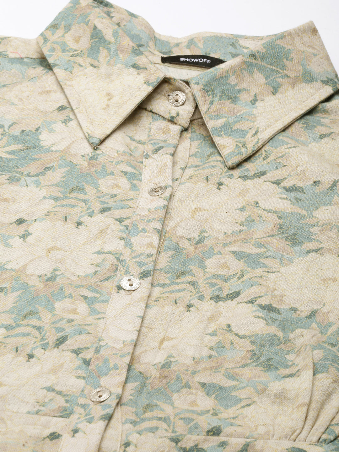 Women's Beige Floral Printed Shirt Collar A-Line Kurta