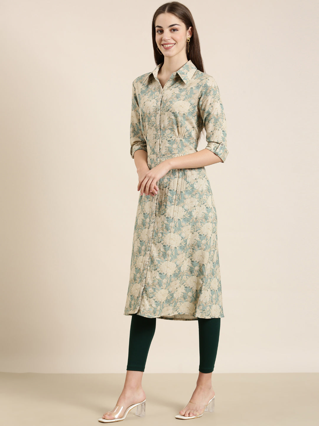 Women's Beige Floral Printed Shirt Collar A-Line Kurta