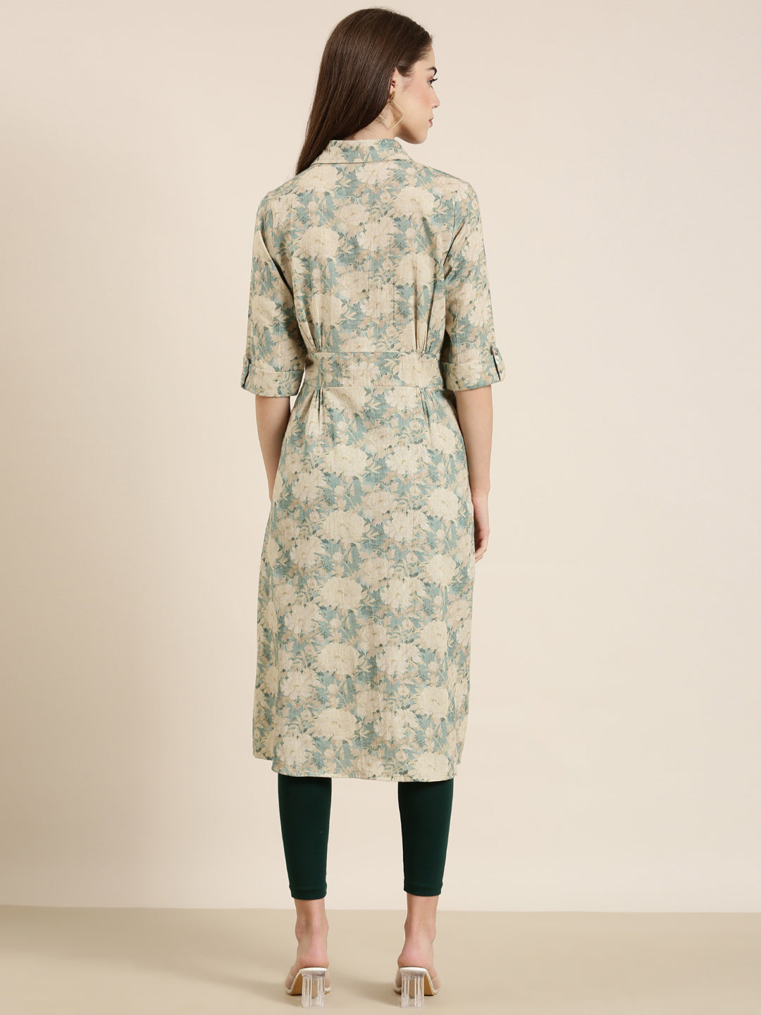 Women's Beige Floral Printed Shirt Collar A-Line Kurta