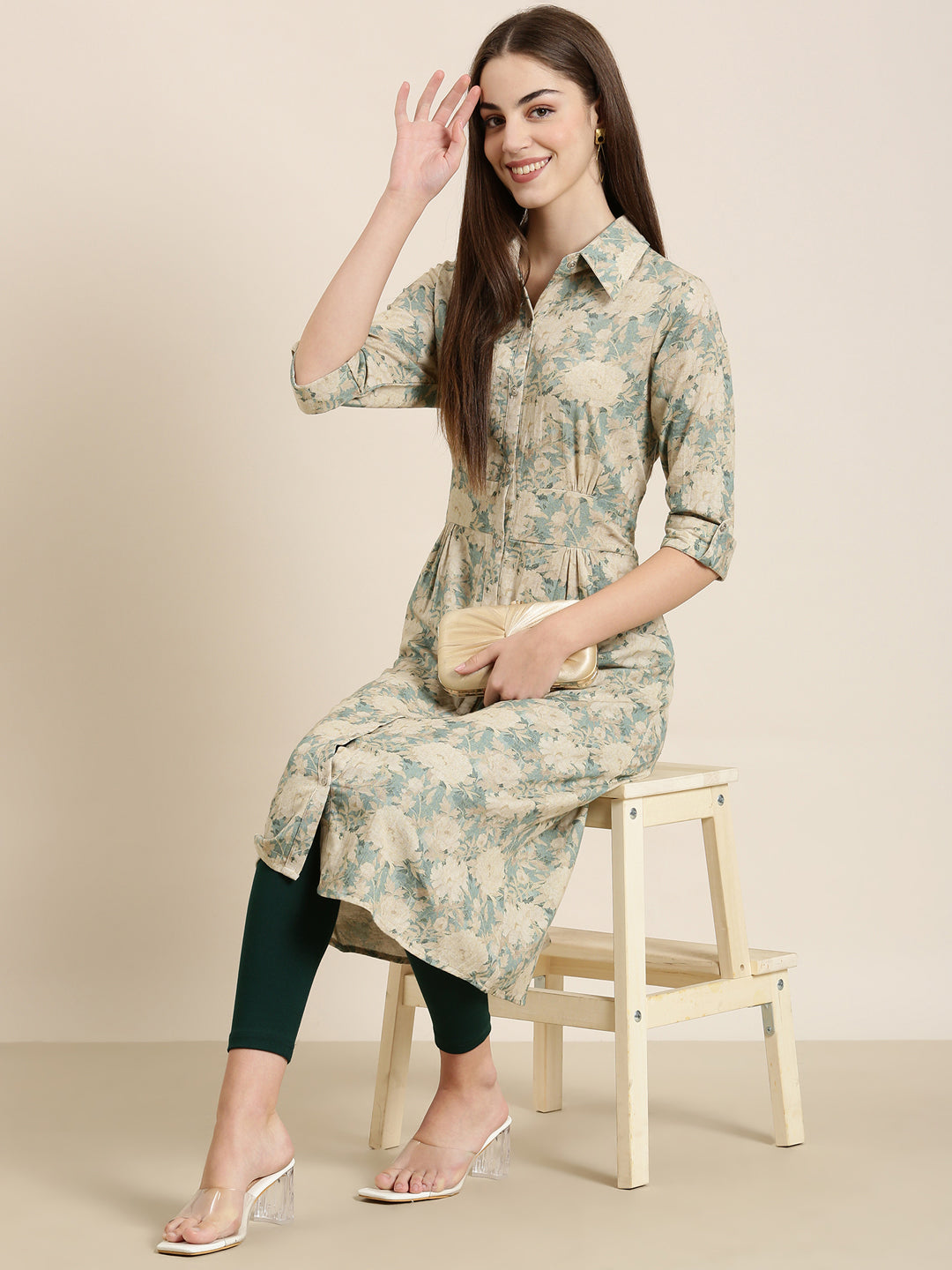 Women's Beige Floral Printed Shirt Collar A-Line Kurta