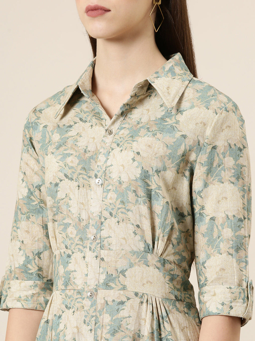 Women's Beige Floral Printed Shirt Collar A-Line Kurta