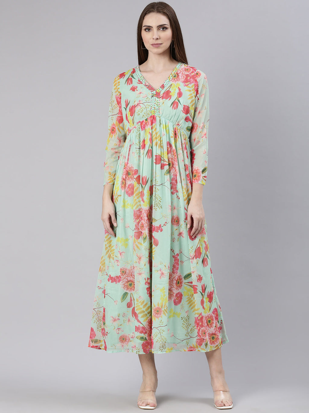 Women's Sea Green Floral Printed V-Neck Empire Kurta