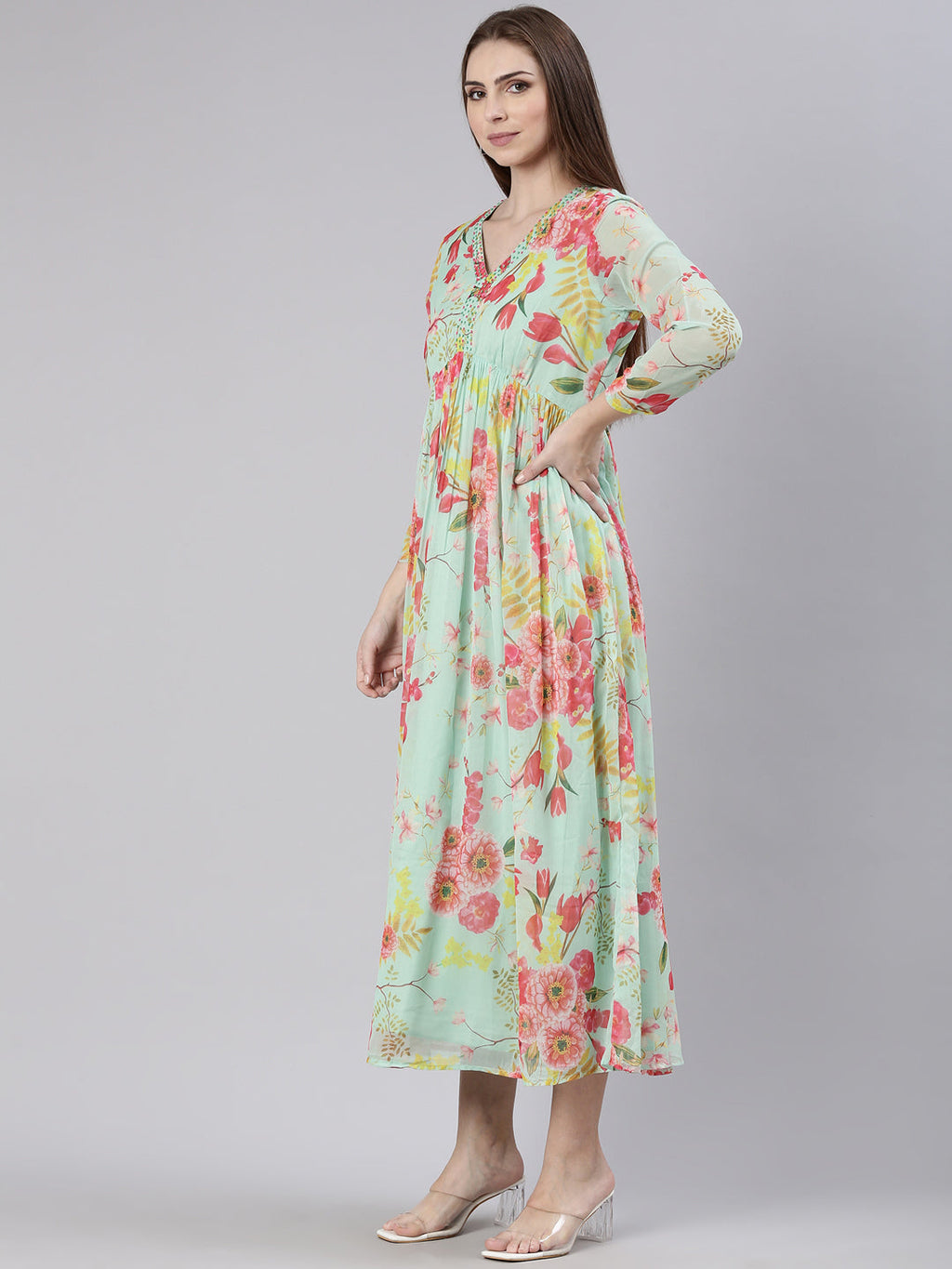Women's Sea Green Floral Printed V-Neck Empire Kurta