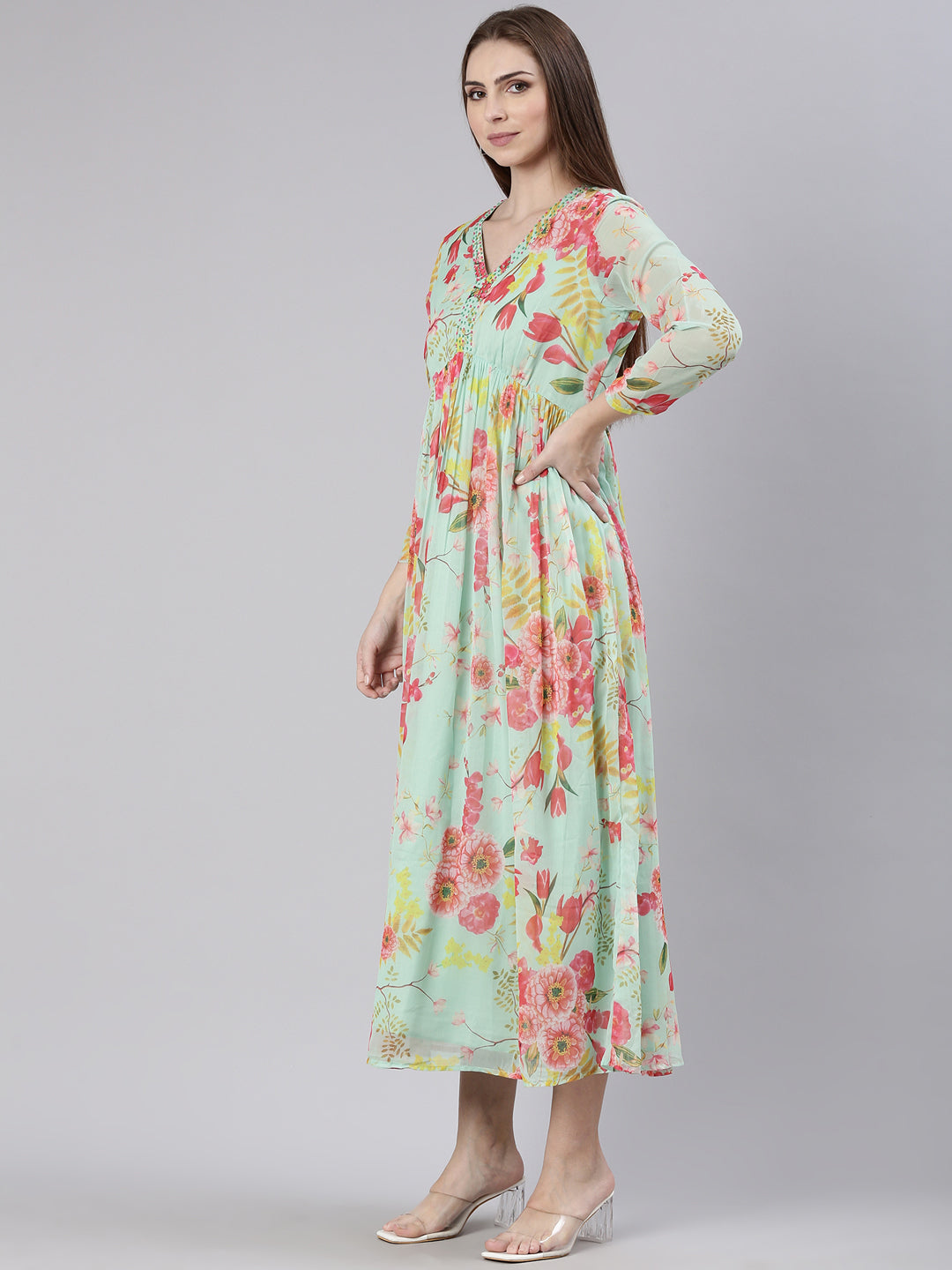 Women's Sea Green Floral Printed V-Neck Empire Kurta