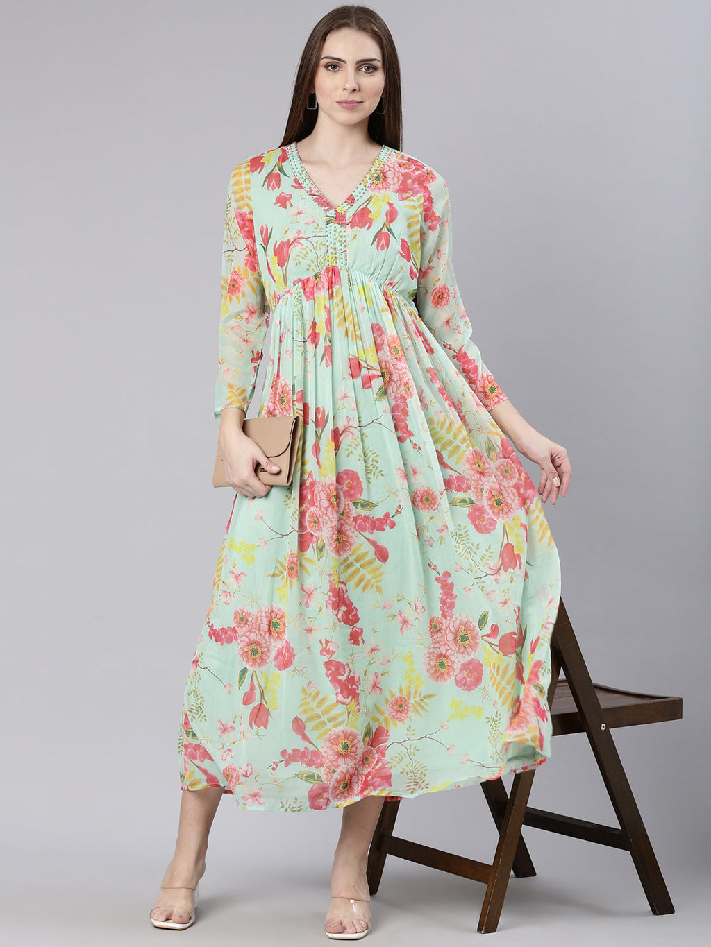 Women's Sea Green Floral Printed V-Neck Empire Kurta
