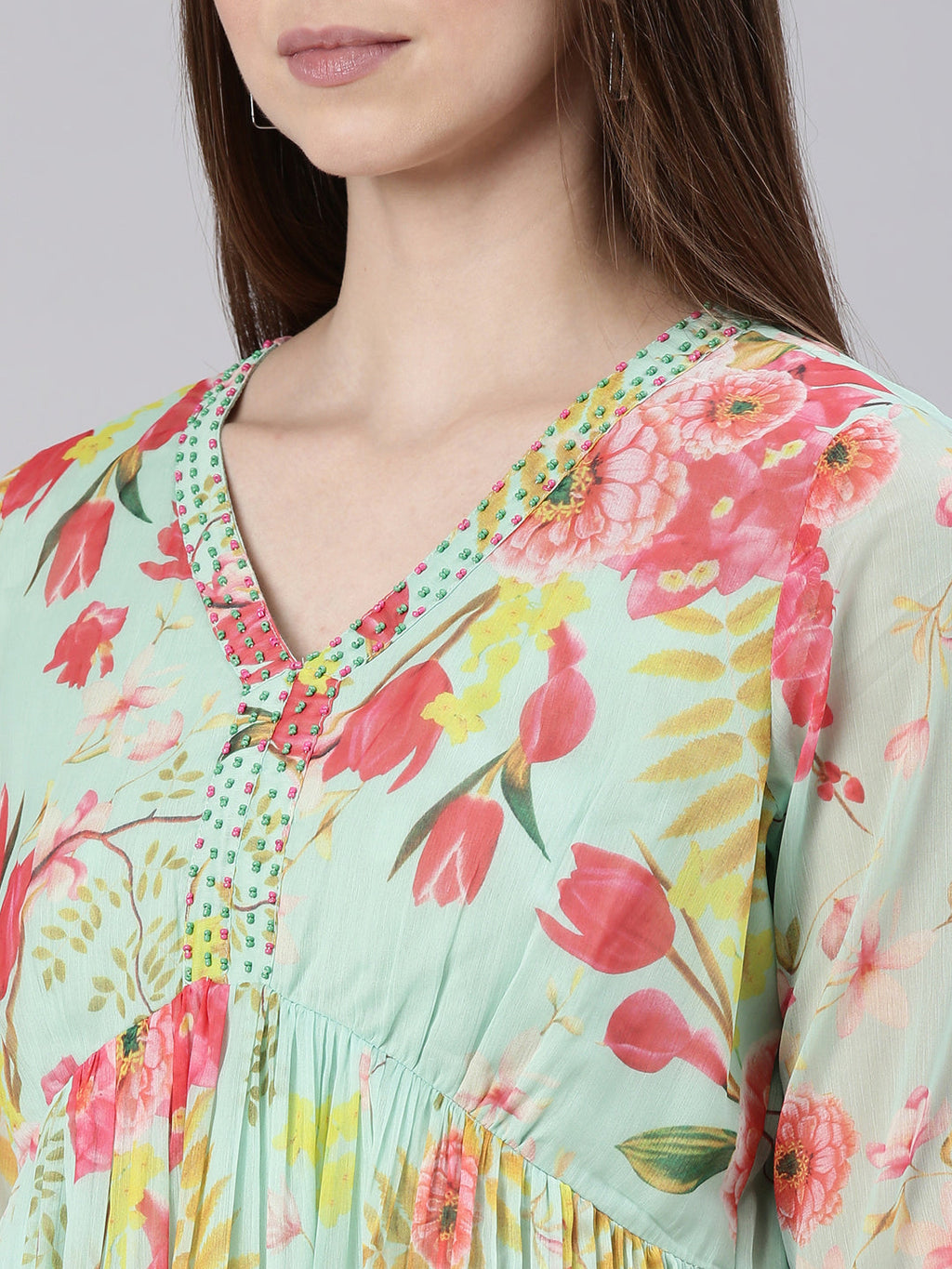 Women's Sea Green Floral Printed V-Neck Empire Kurta