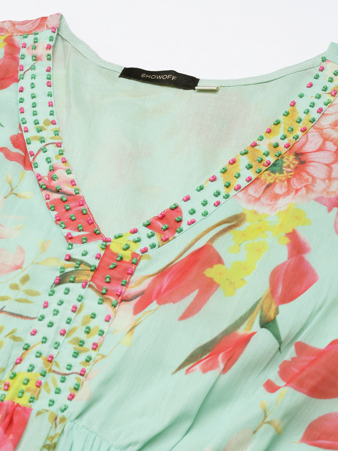 Women's Sea Green Floral Printed V-Neck Empire Kurta