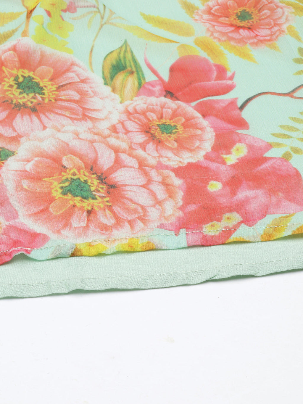 Women's Sea Green Floral Printed V-Neck Empire Kurta