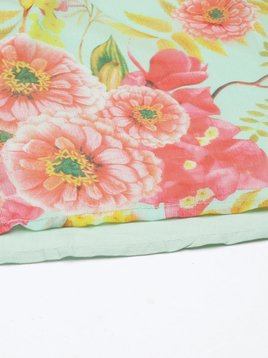 Women's Sea Green Floral Printed V-Neck Empire Kurta