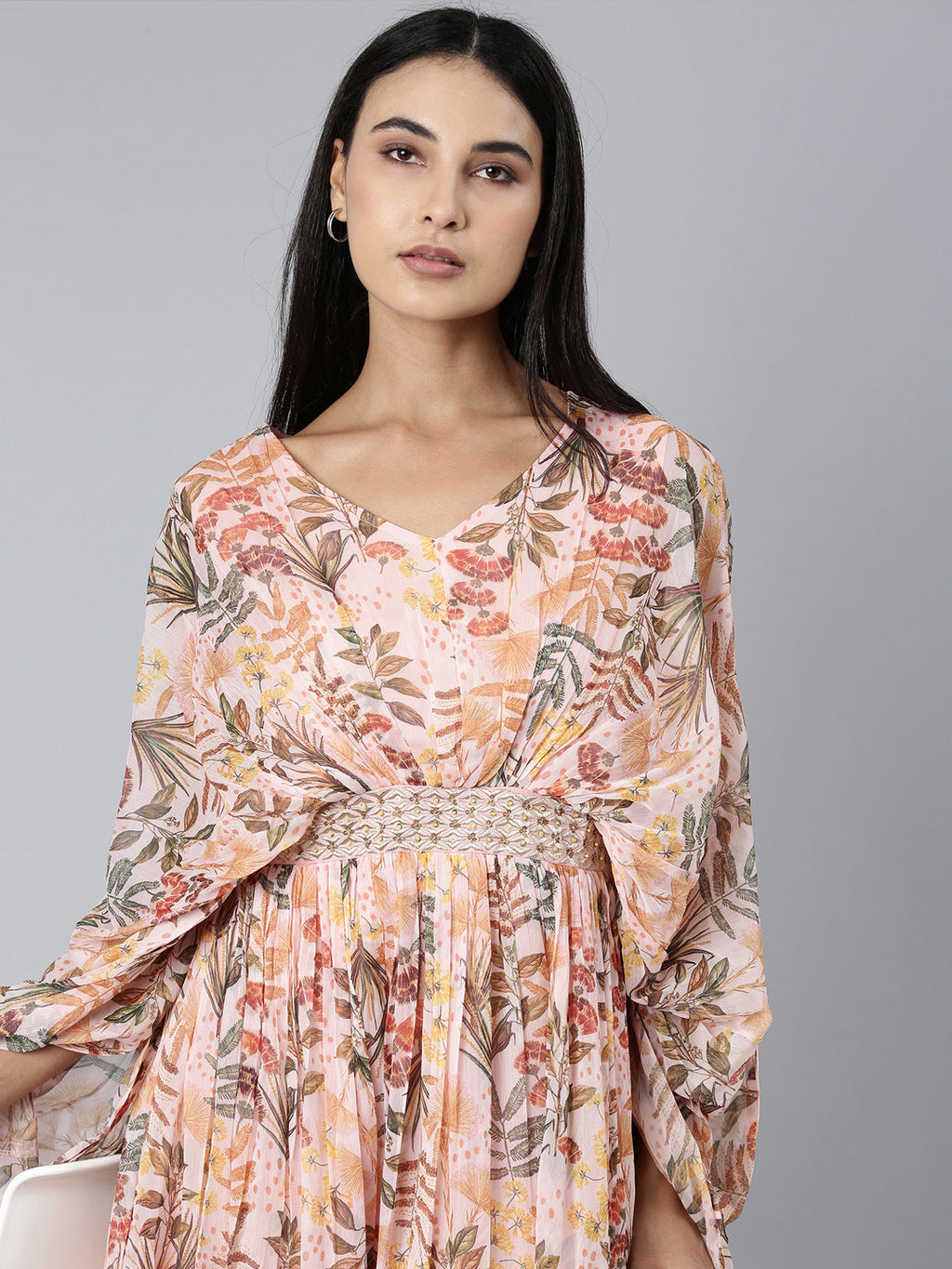 Women's Peach Floral Printed Kimono Sleeve V-Neck Belted Chiffon Maxi Dress