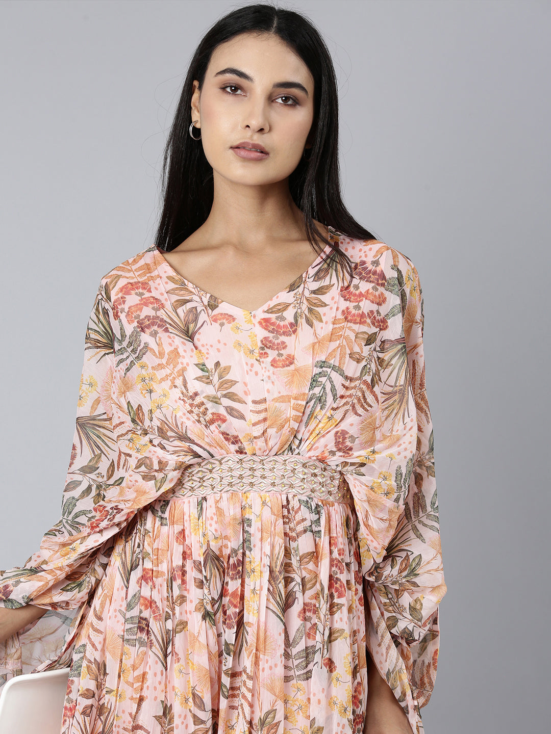Women's Peach Floral Printed Kimono Sleeve V-Neck Belted Chiffon Maxi Dress