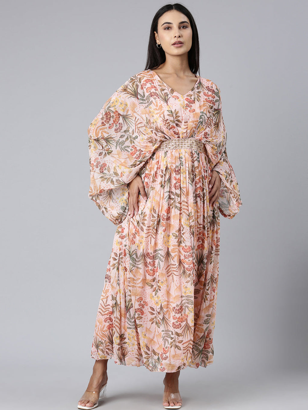 Women's Peach Floral Printed Kimono Sleeve V-Neck Belted Chiffon Maxi Dress