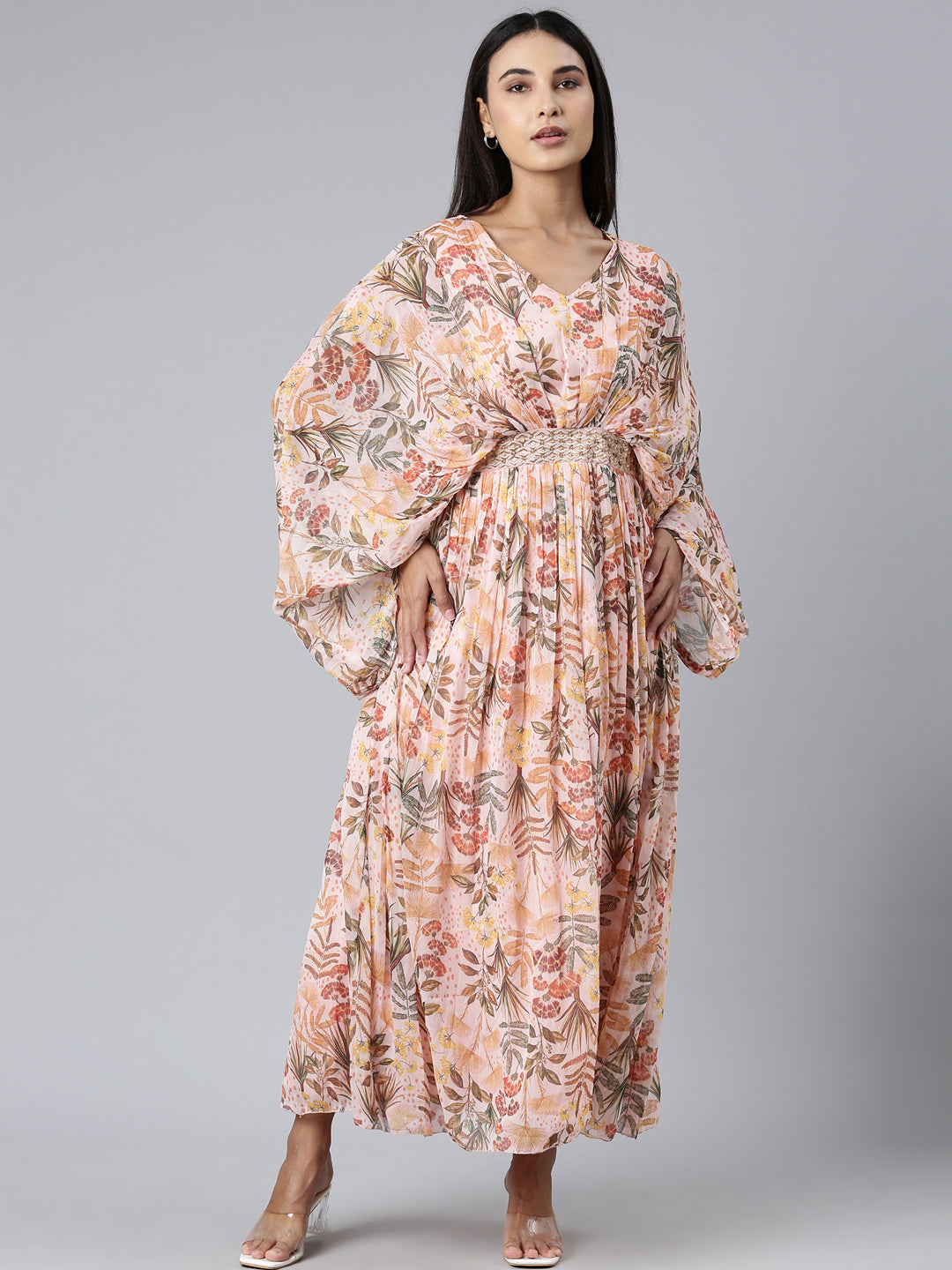 Women's Peach Floral Printed Kimono Sleeve V-Neck Belted Chiffon Maxi Dress