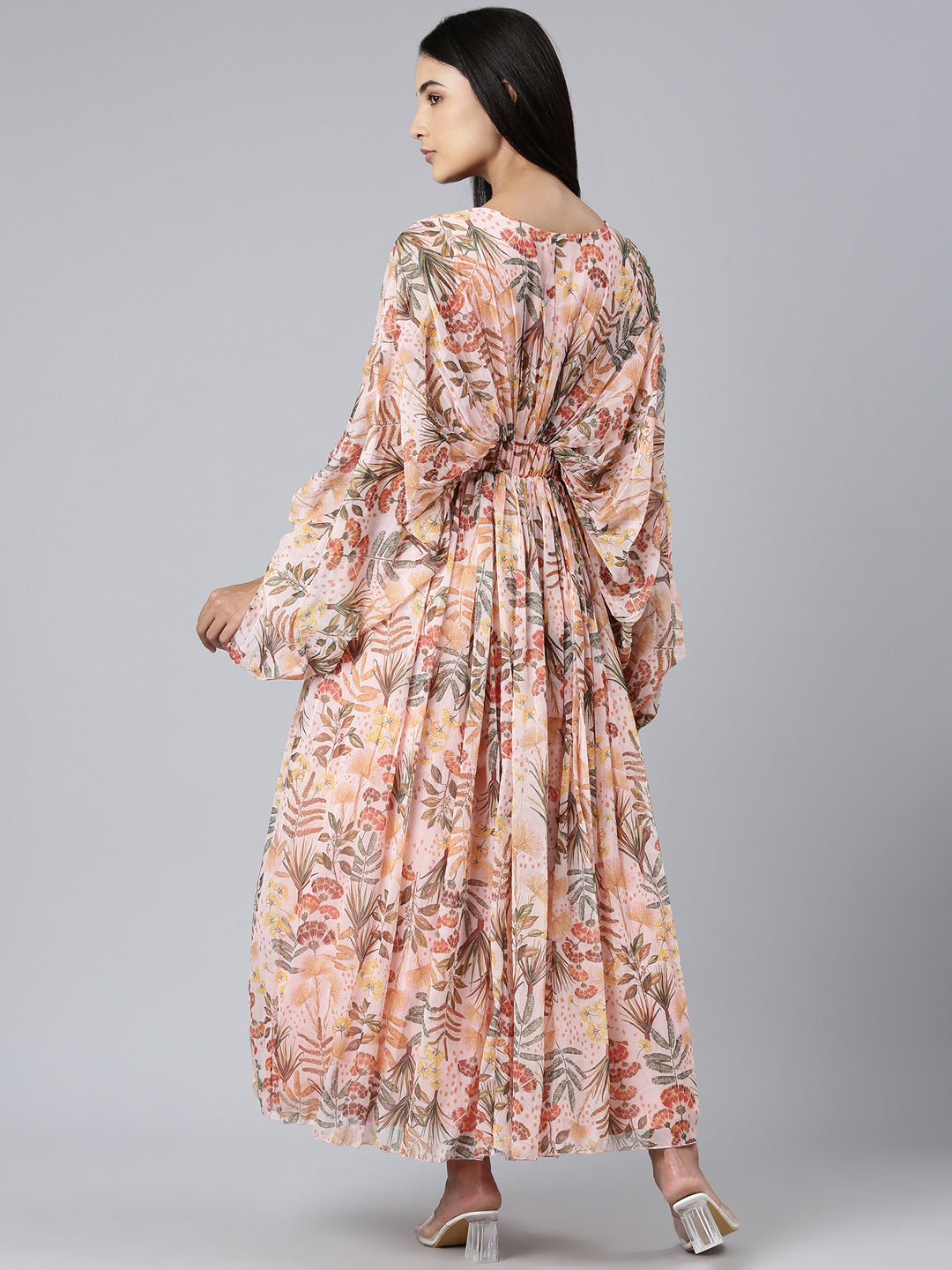 Women's Peach Floral Printed Kimono Sleeve V-Neck Belted Chiffon Maxi Dress