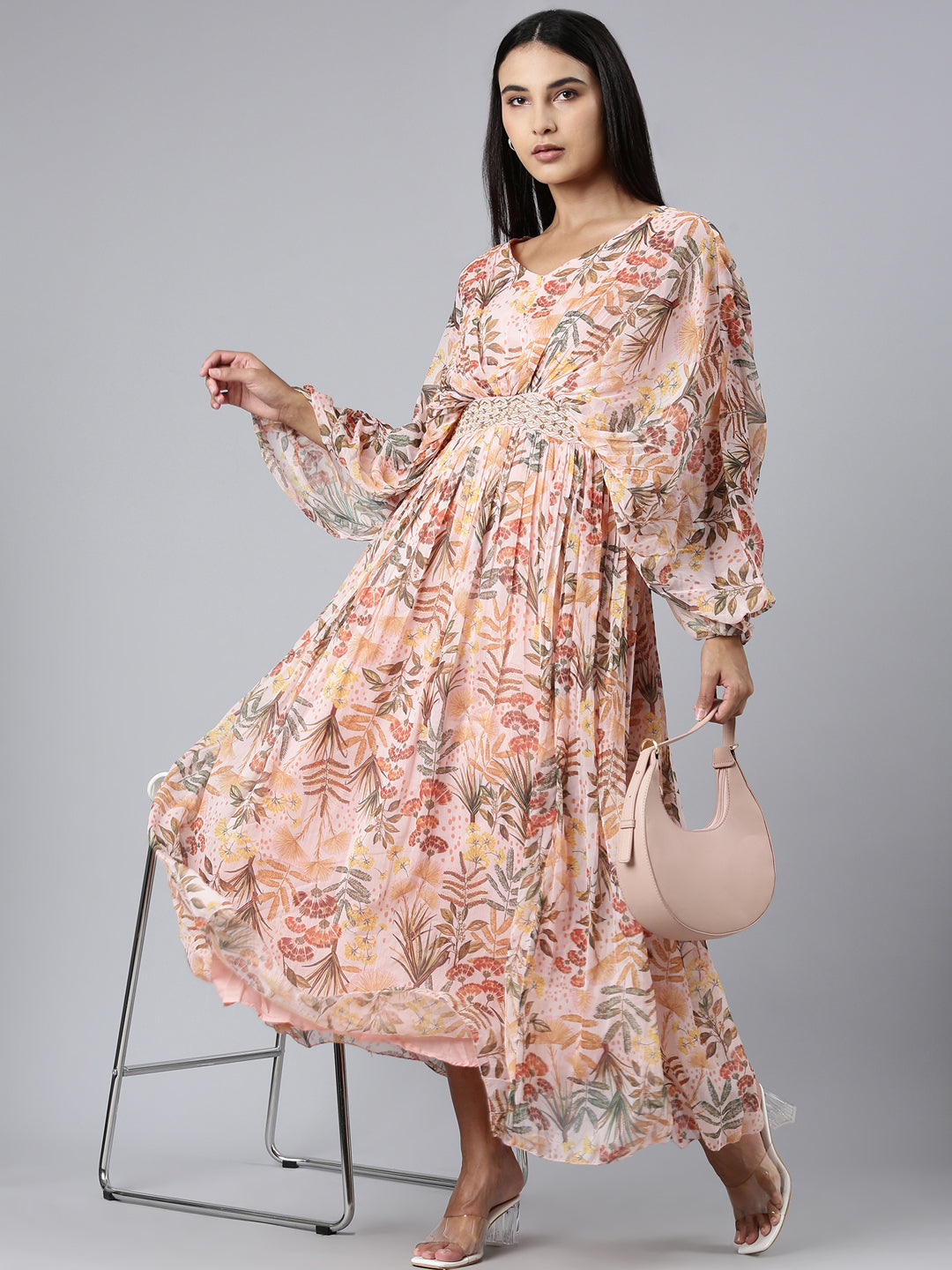 Women's Peach Floral Printed Kimono Sleeve V-Neck Belted Chiffon Maxi Dress