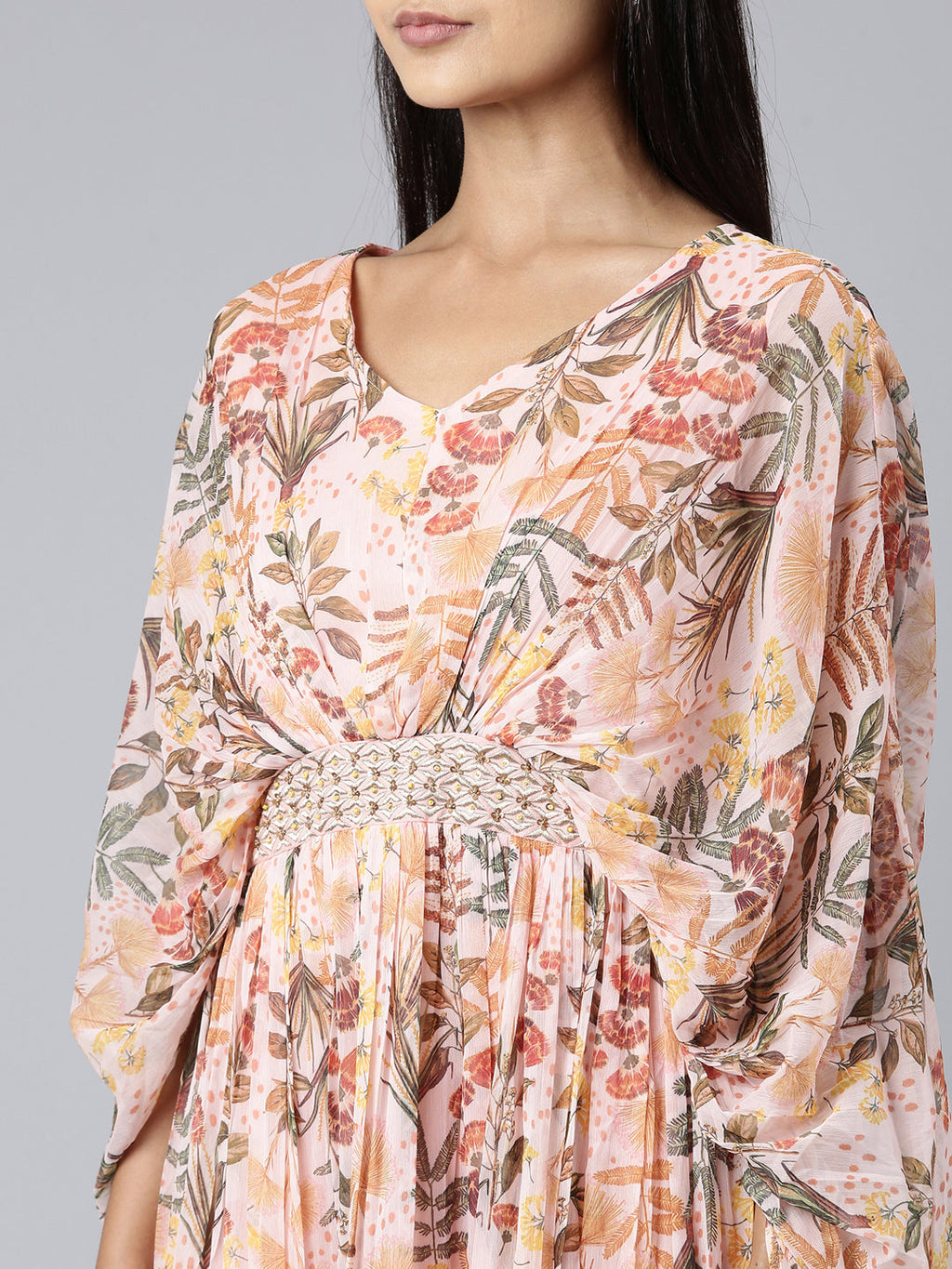 Women's Peach Floral Printed Kimono Sleeve V-Neck Belted Chiffon Maxi Dress