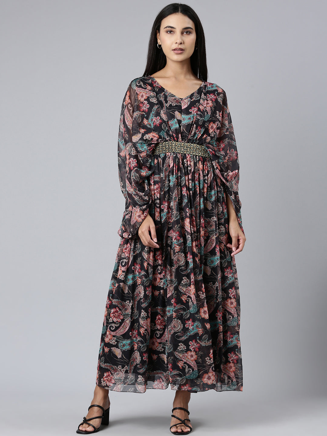 Women's Black Floral Printed Cotton A-Line Dress