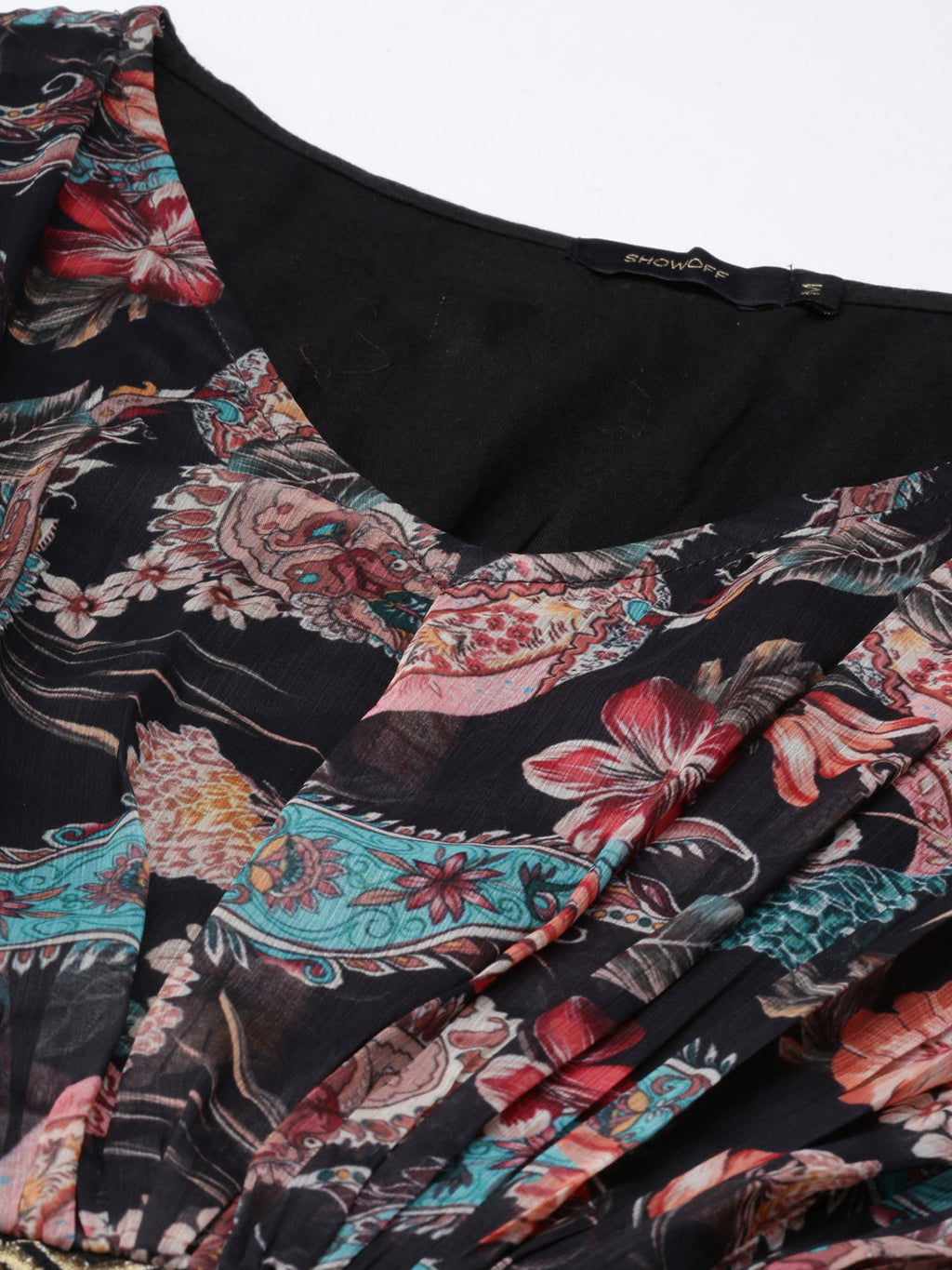 Women's Black Floral Printed Cotton A-Line Dress