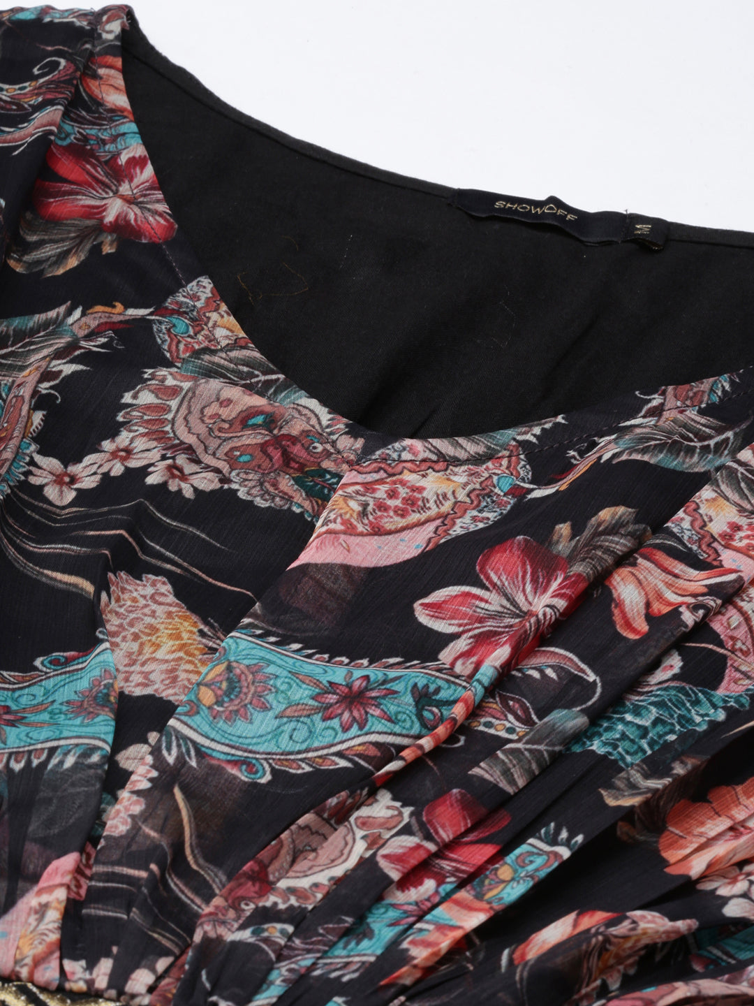 Women's Black Floral Printed Cotton A-Line Dress