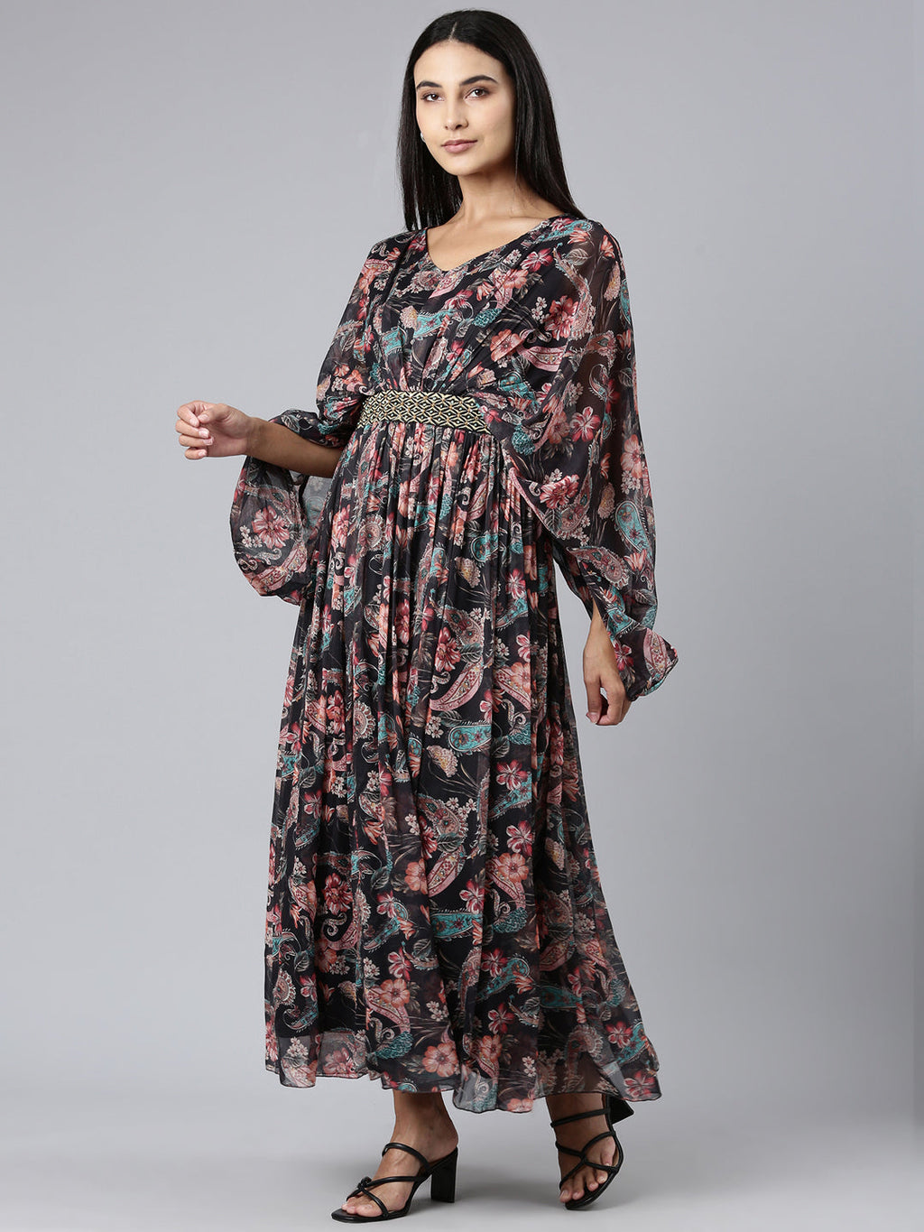 Women's Black Floral Printed Cotton A-Line Dress