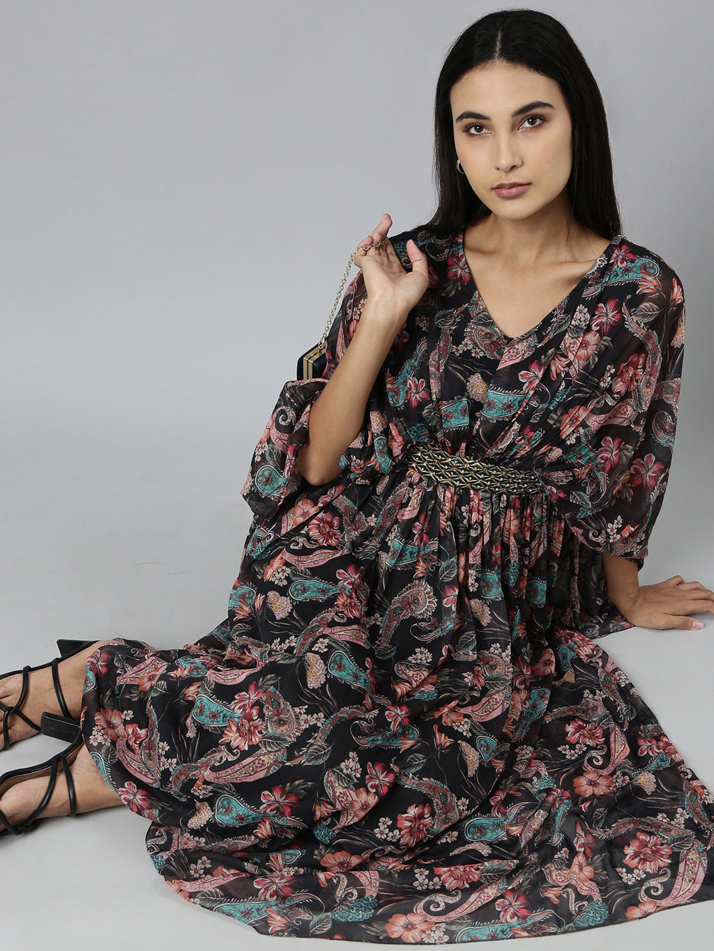 Women's Black Floral Printed Cotton A-Line Dress