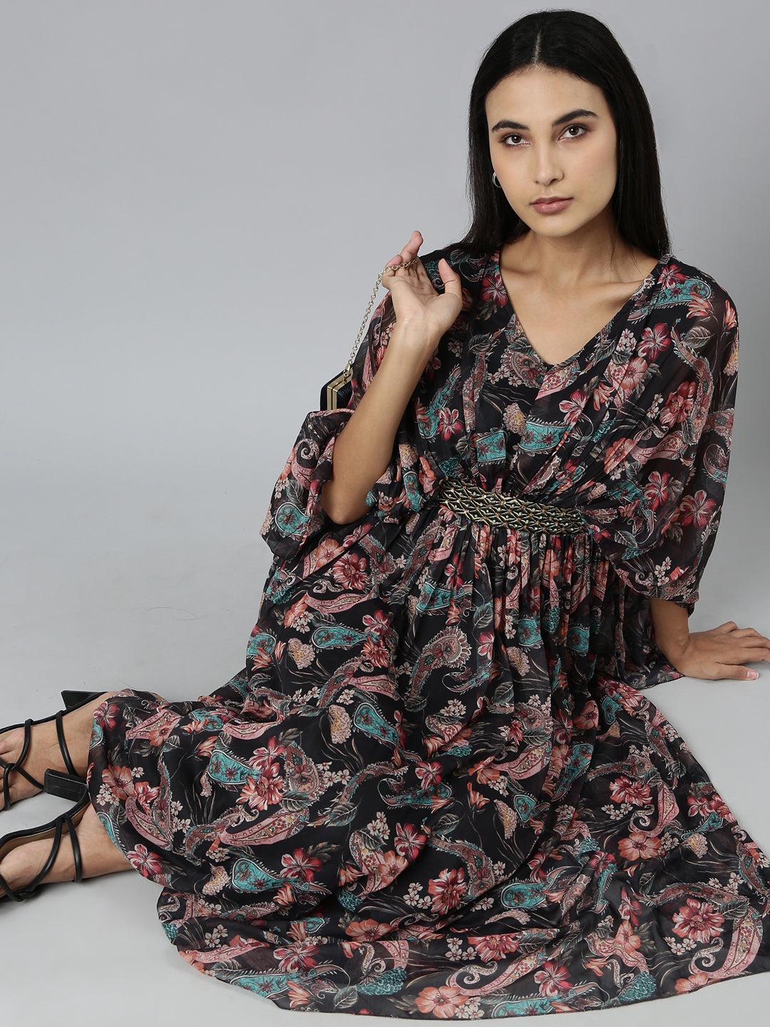 Women's Black Floral Printed Cotton A-Line Dress
