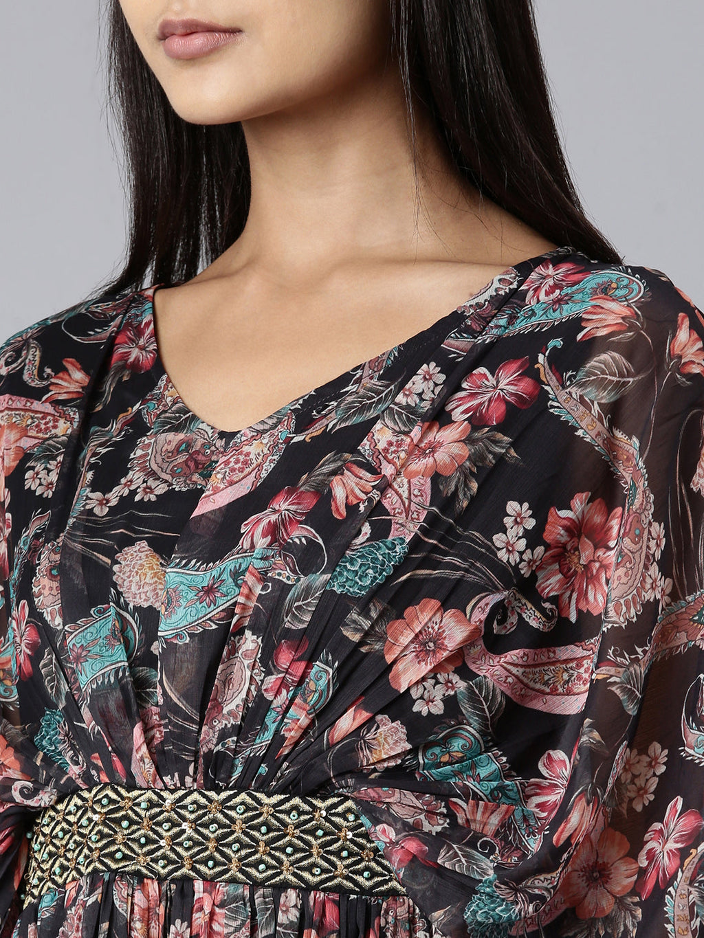 Women's Black Floral Printed Cotton A-Line Dress