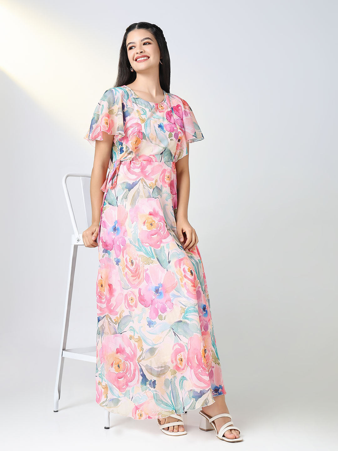 Women's Embellished Pink Floral Fit and Flare Dress