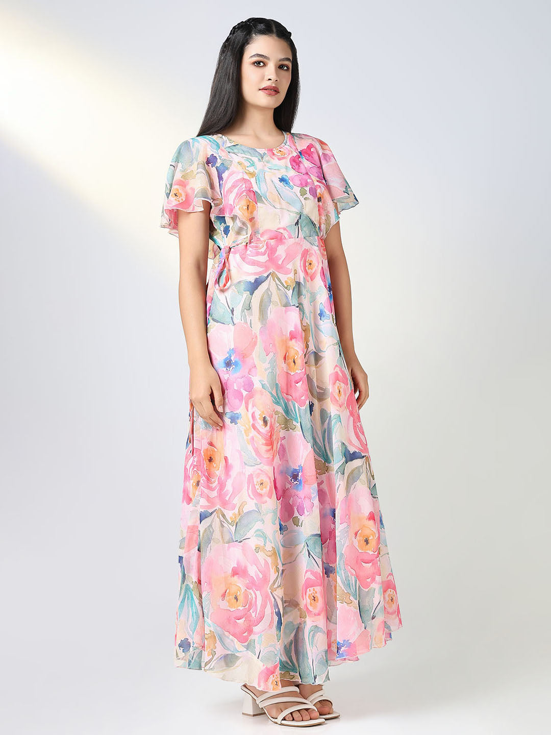 Women's Embellished Pink Floral Fit and Flare Dress