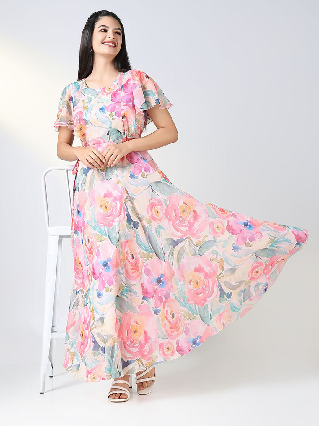 Women's Embellished Pink Floral Fit and Flare Dress