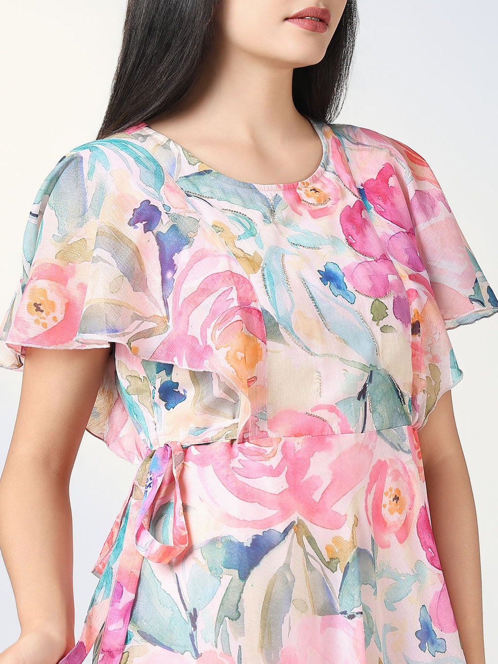 Women's Embellished Pink Floral Fit and Flare Dress