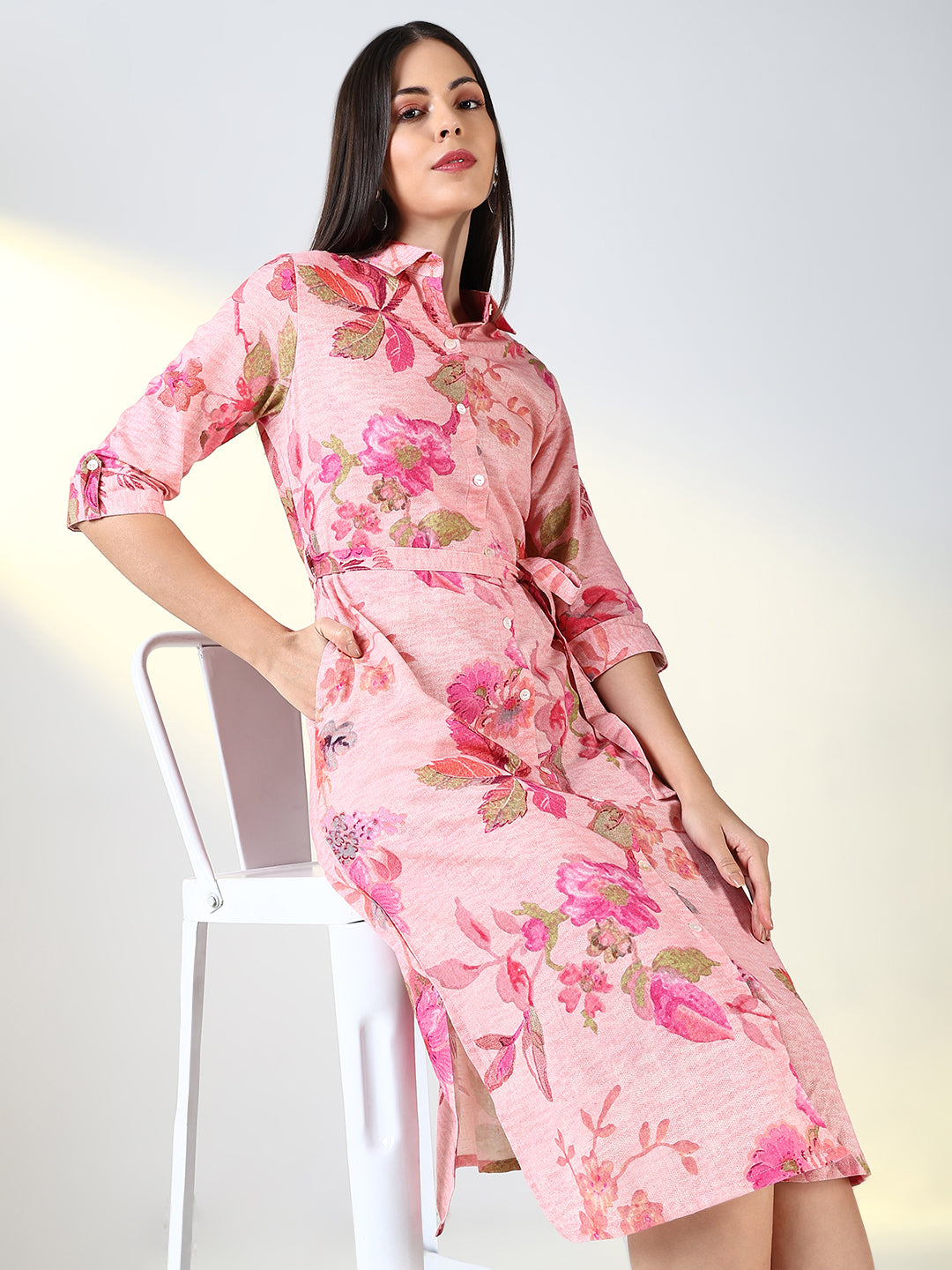 Women's Pink Floral A Line Dress with Belt