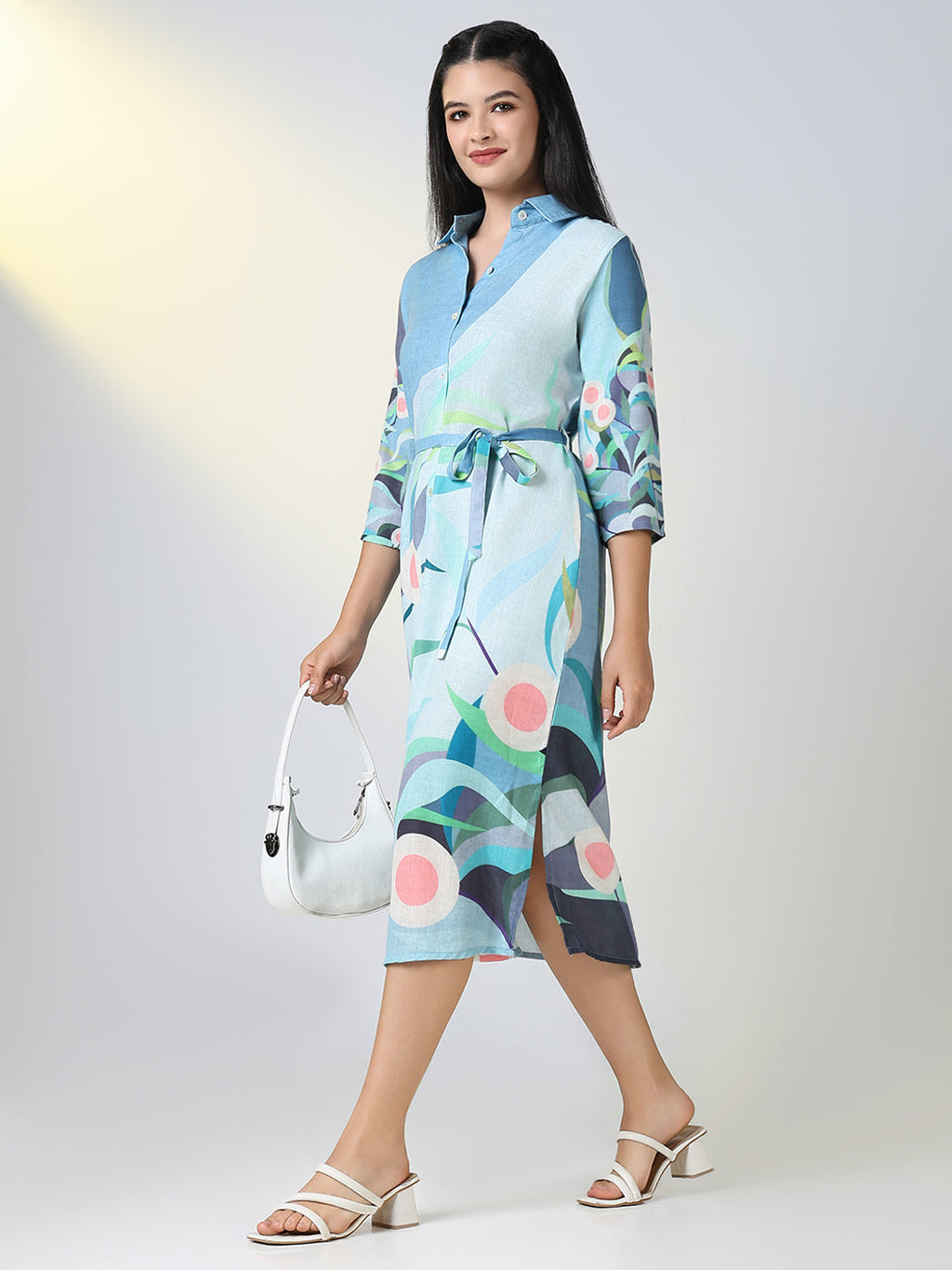 Women's Blue Floral Print Shirt Dress with Belt