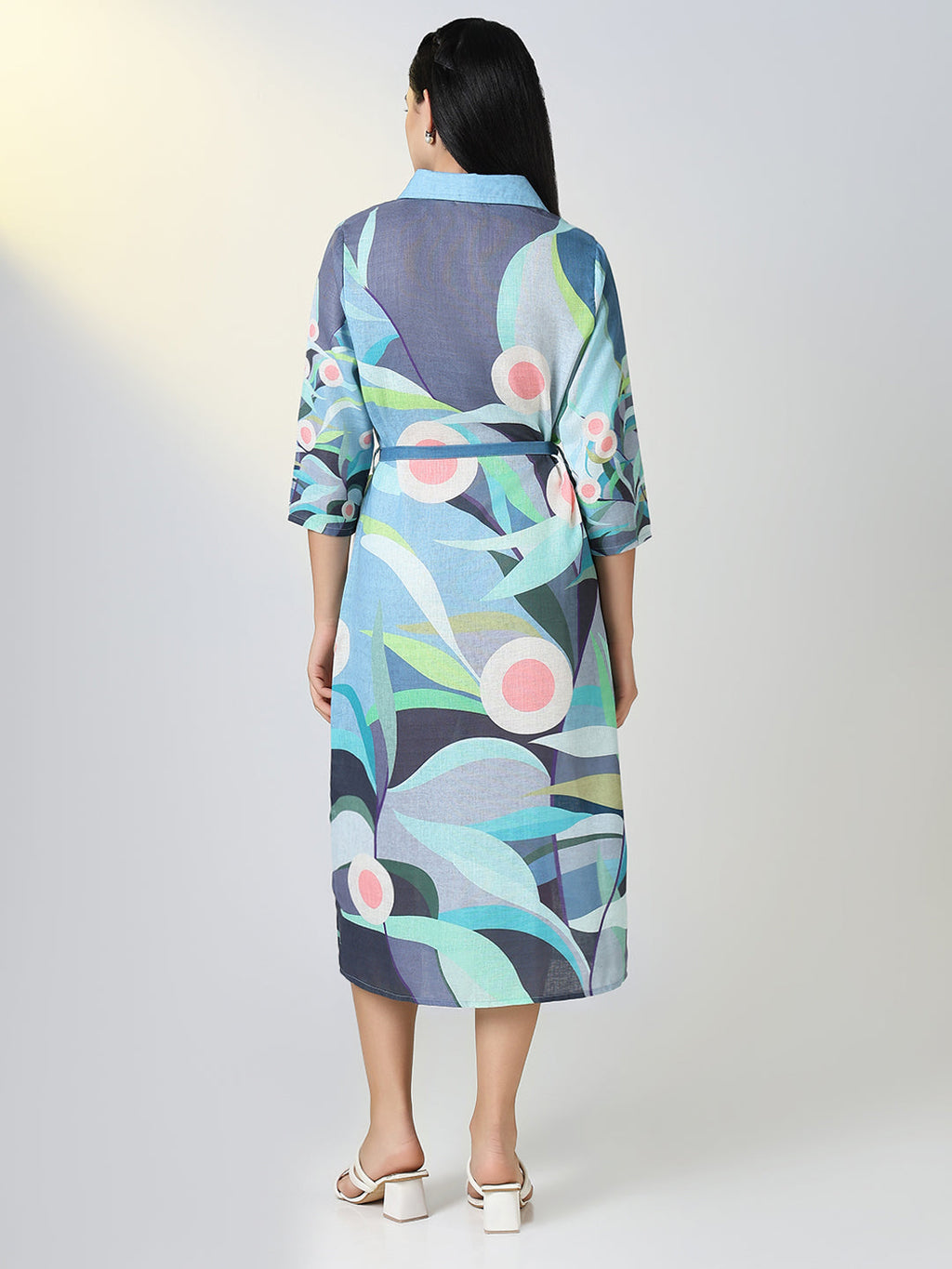 Women's Blue Floral Print Shirt Dress with Belt