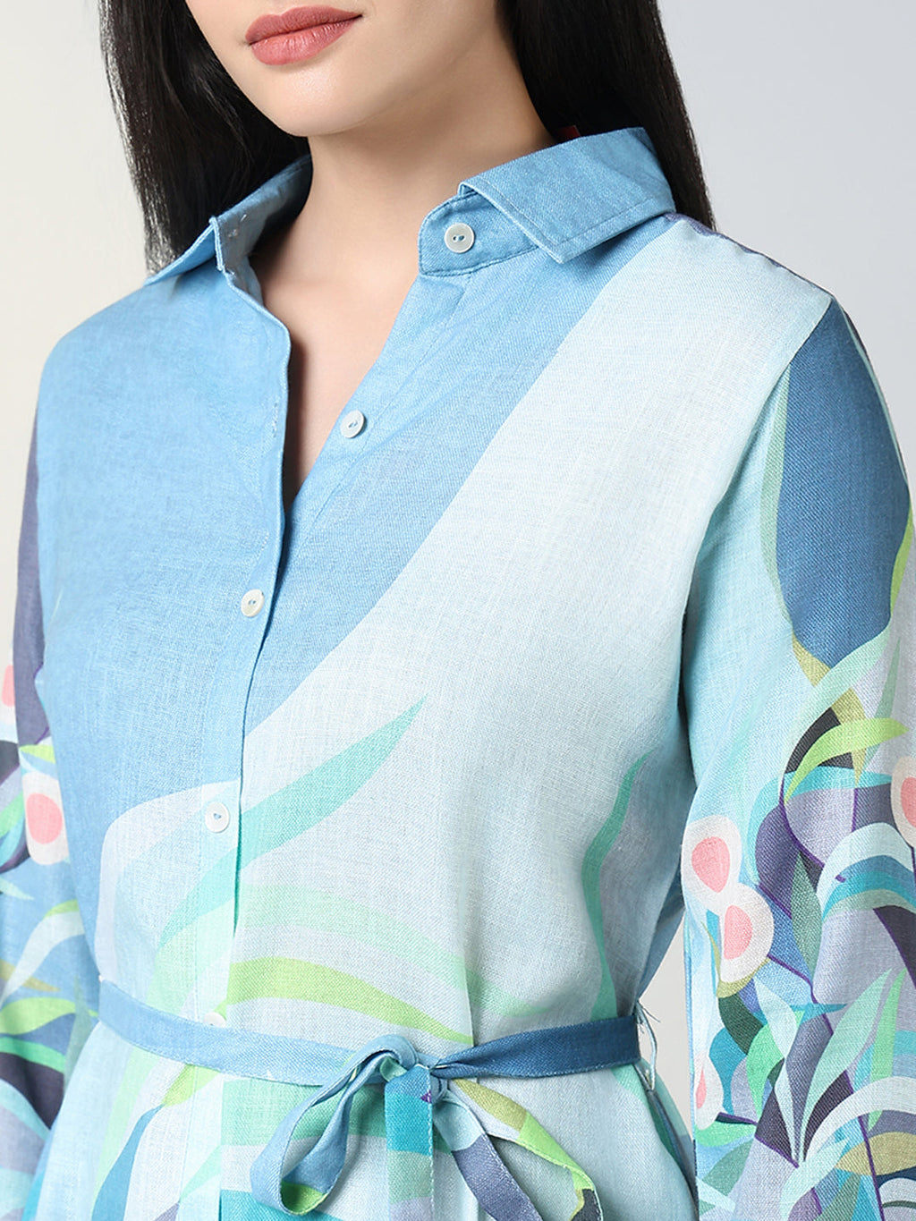 Women's Blue Floral Print Shirt Dress with Belt