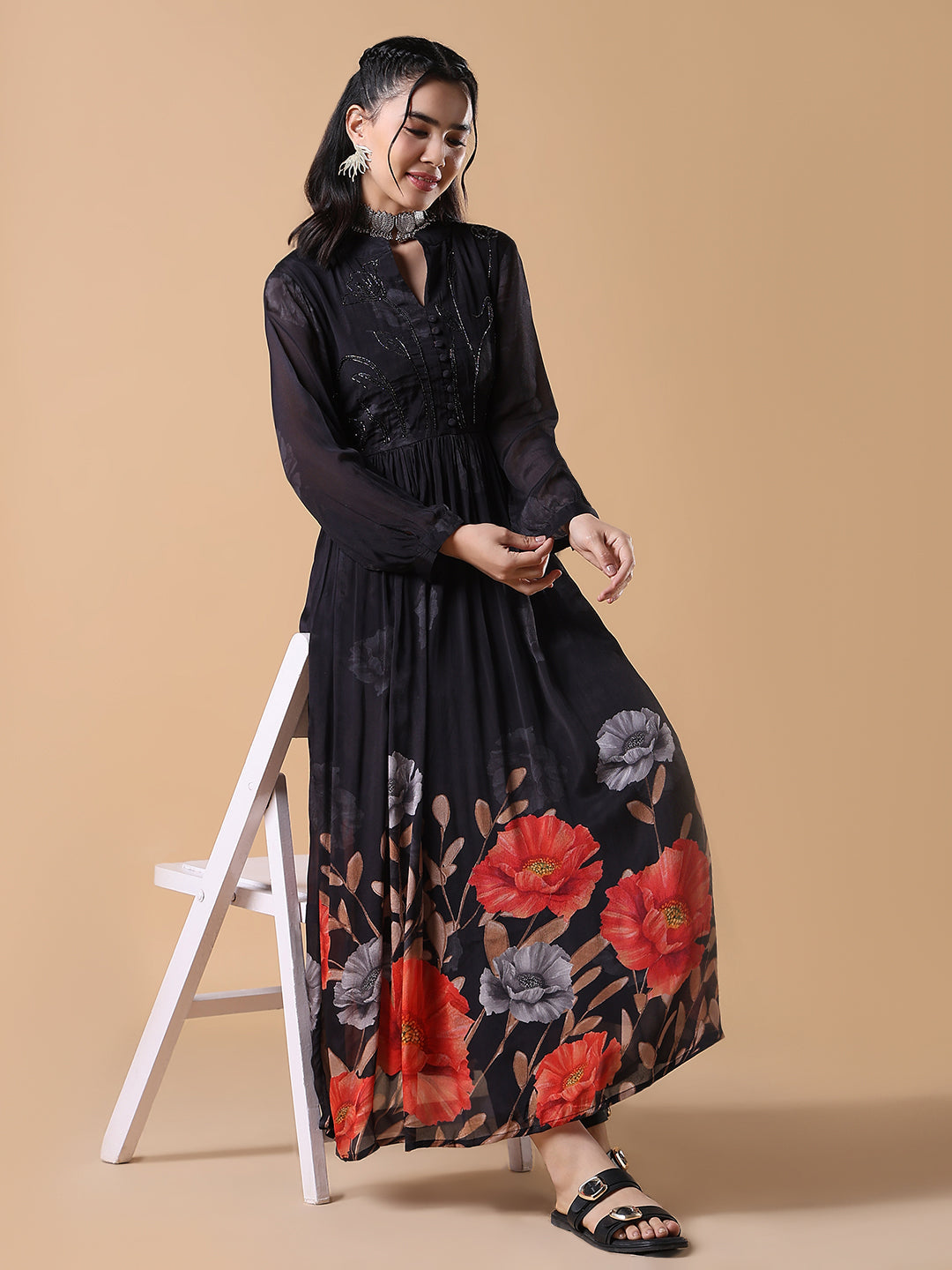 Women's Black Floral Anarkali Kurta