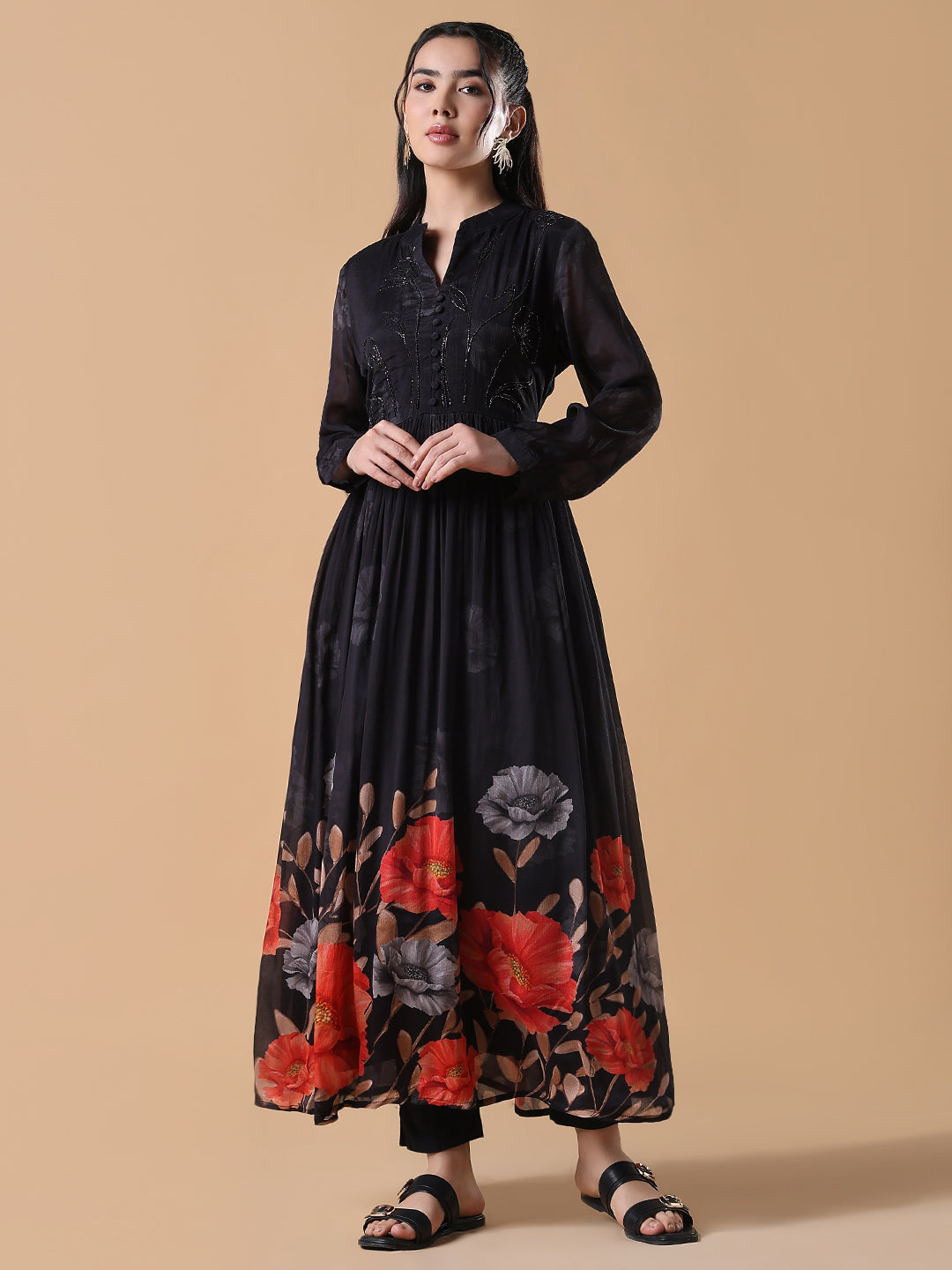 Women's Black Floral Anarkali Kurta