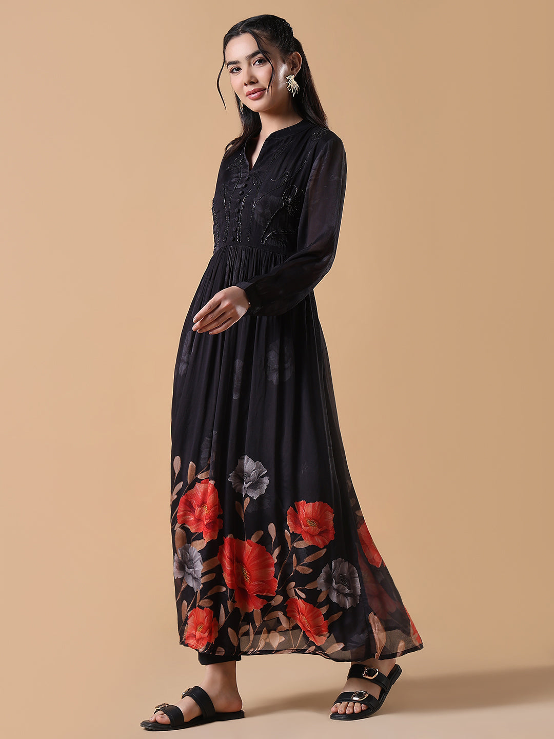 Women's Black Floral Anarkali Kurta