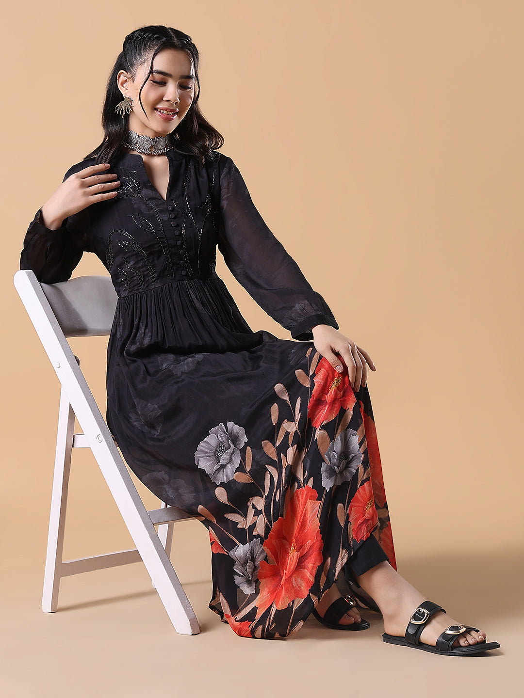 Women's Black Floral Anarkali Kurta
