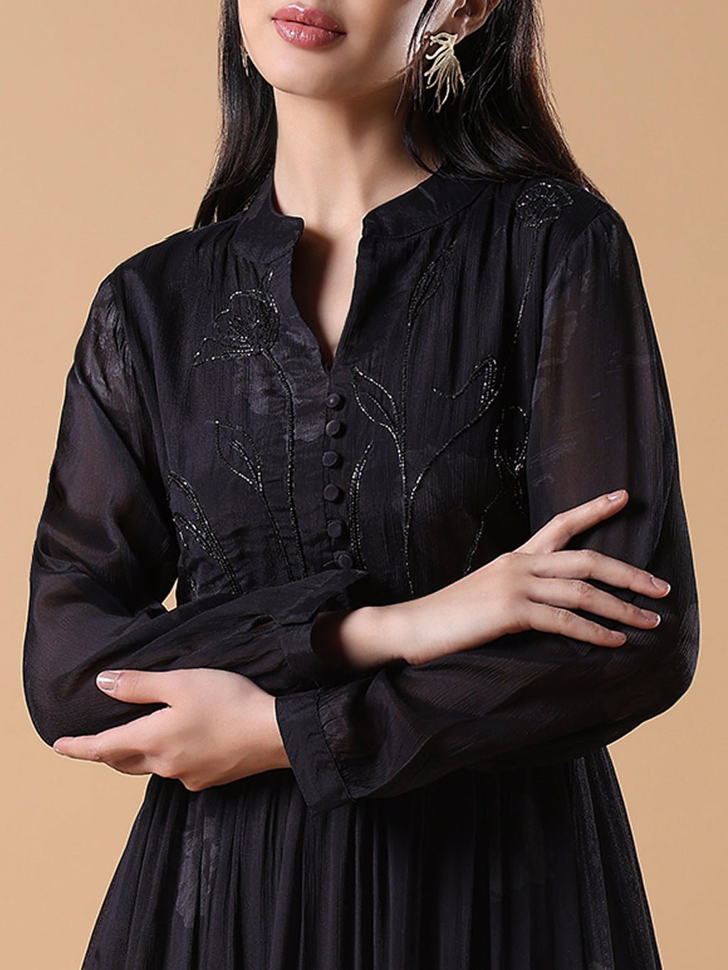 Women's Black Floral Anarkali Kurta