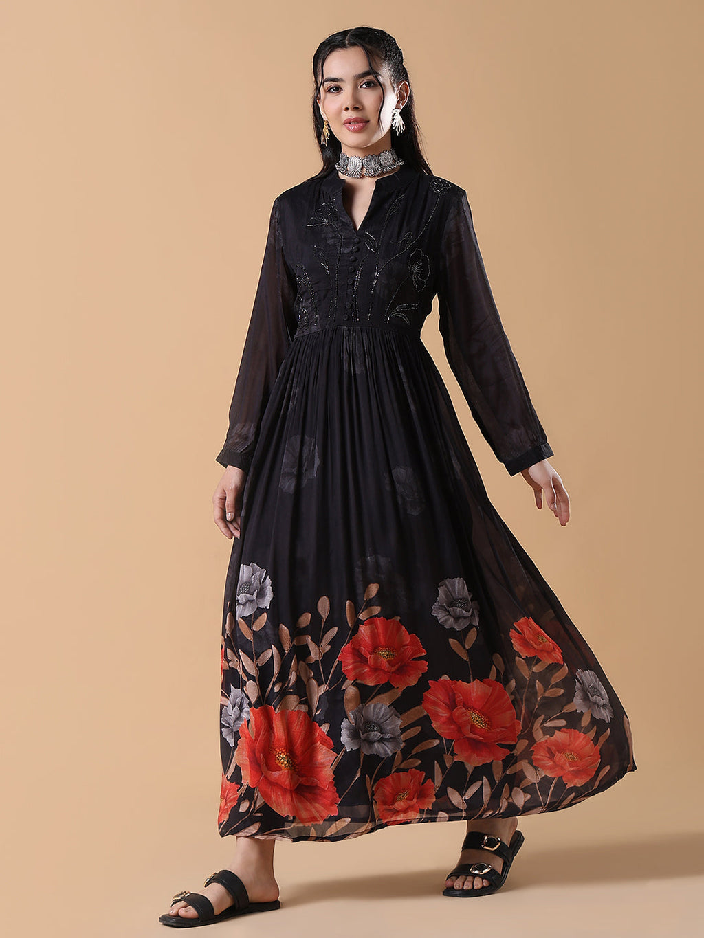 Women's Black Floral Anarkali Kurta