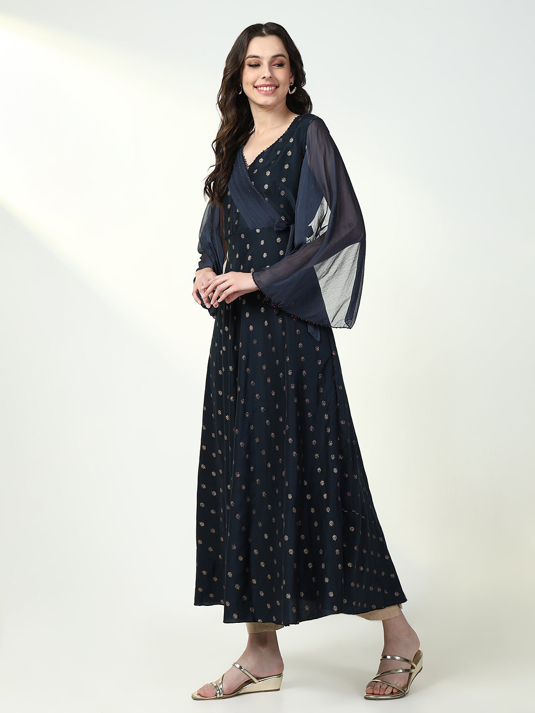 Women's Navy Blue Floral Straight Kurta