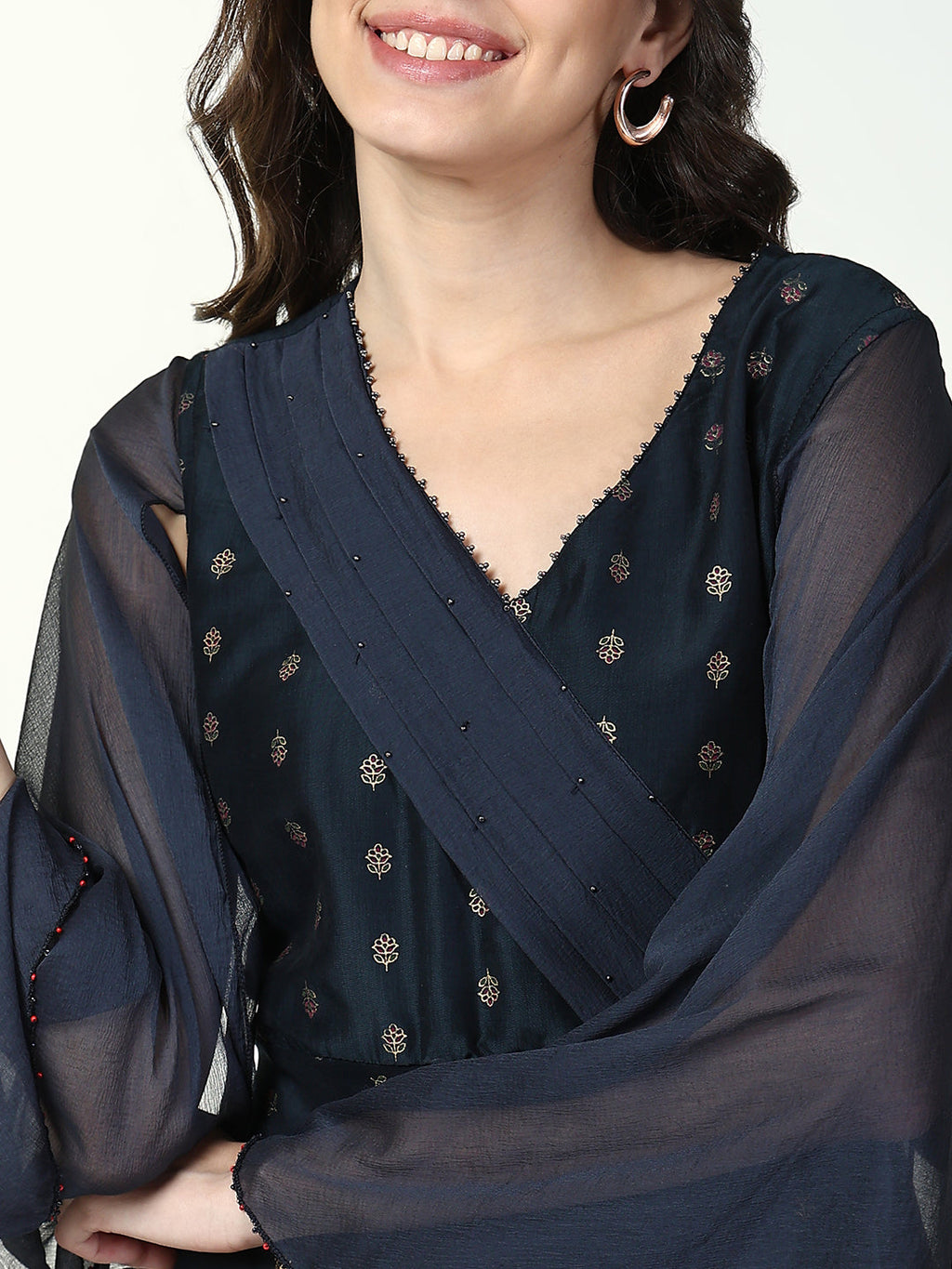 Women's Navy Blue Floral Straight Kurta