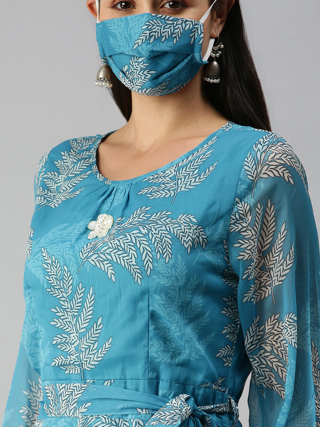 Women's Blue Off White Floral A-Line Kurta