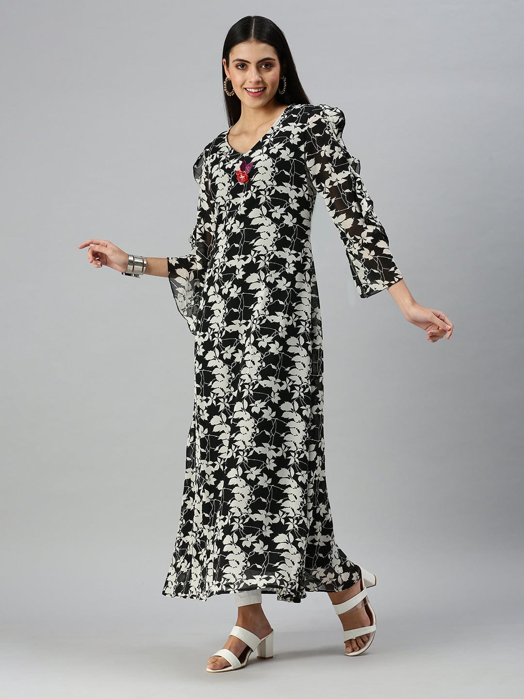 Women's V-Neck Floral Black A-Line Kurta